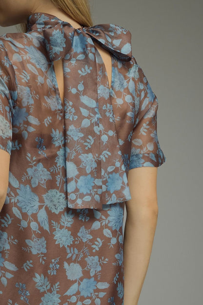Floral Print Short Sleeve Maxi Dress - Brown