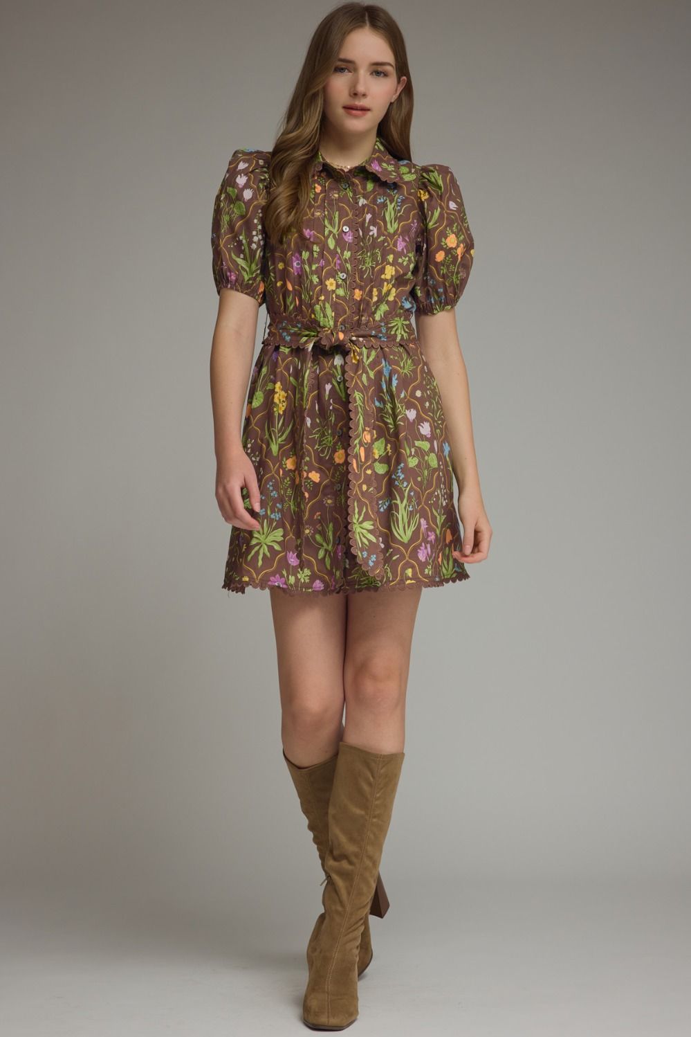 Floral Print Short Puff Sleeve Dress - Brown
