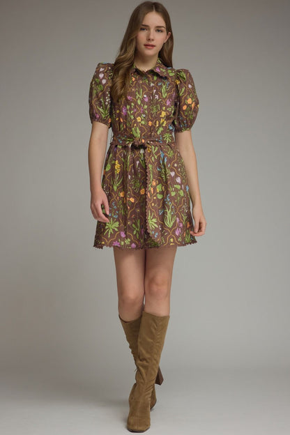 Floral Print Short Puff Sleeve Dress - Brown
