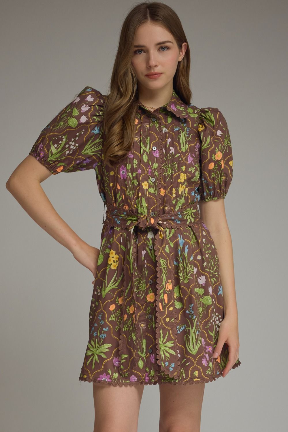 Floral Print Short Puff Sleeve Dress - Brown