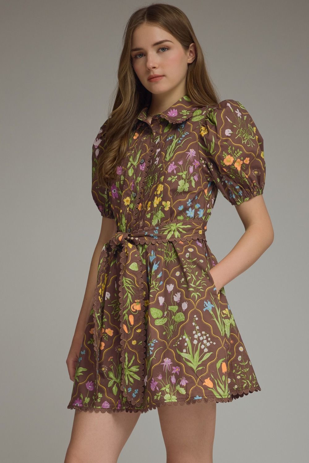 Floral Print Short Puff Sleeve Dress - Brown
