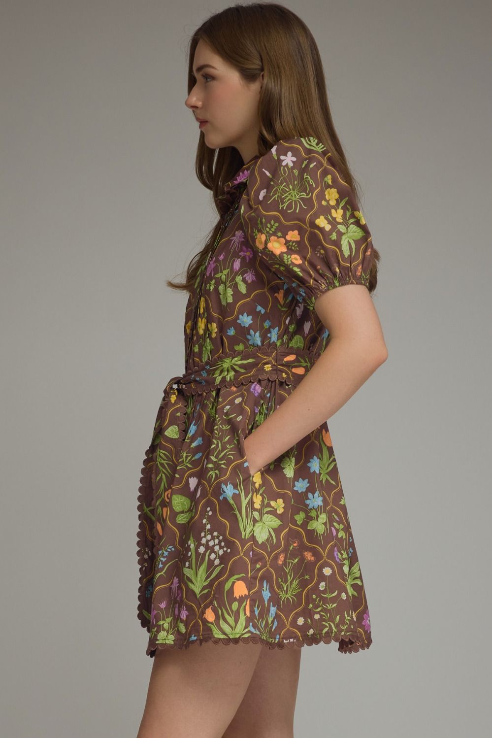 Floral Print Short Puff Sleeve Dress - Brown