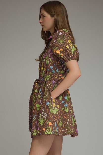 Floral Print Short Puff Sleeve Dress - Brown