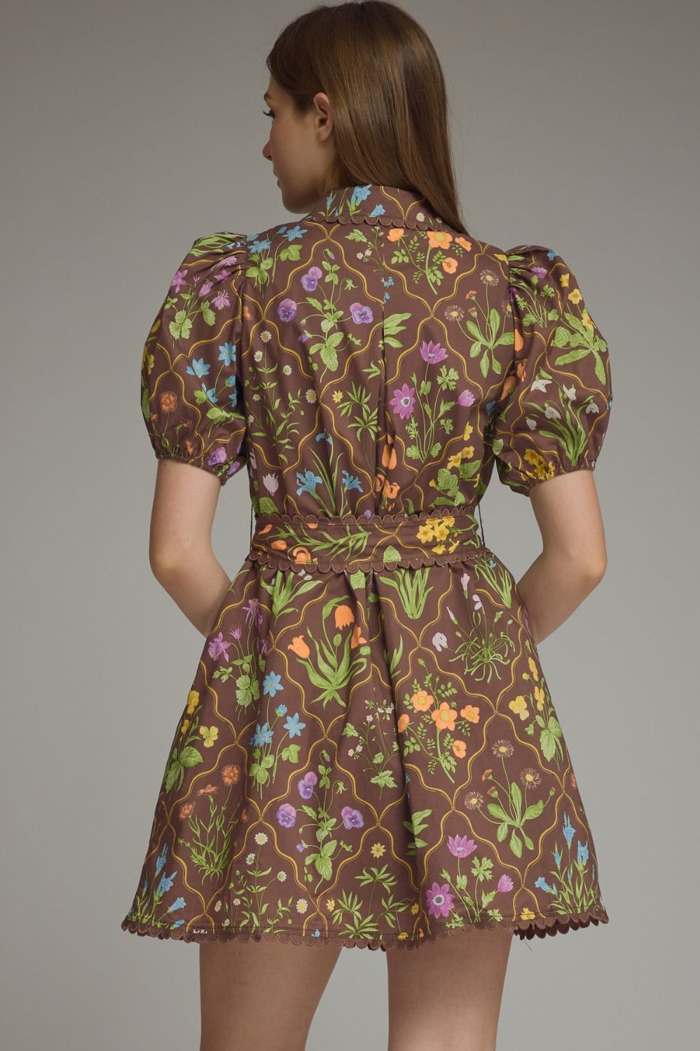 Floral Print Short Puff Sleeve Dress - Brown