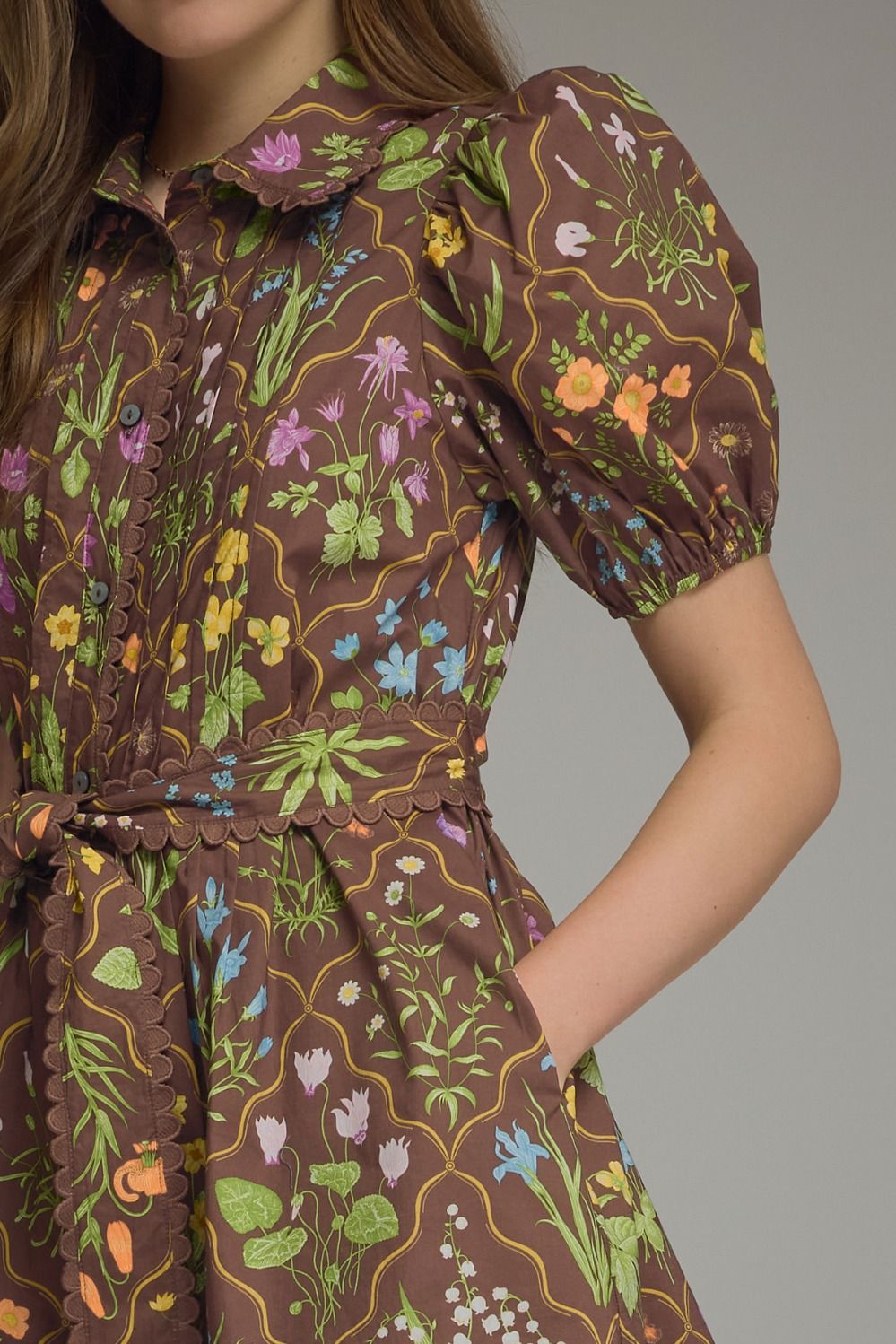 Floral Print Short Puff Sleeve Dress - Brown