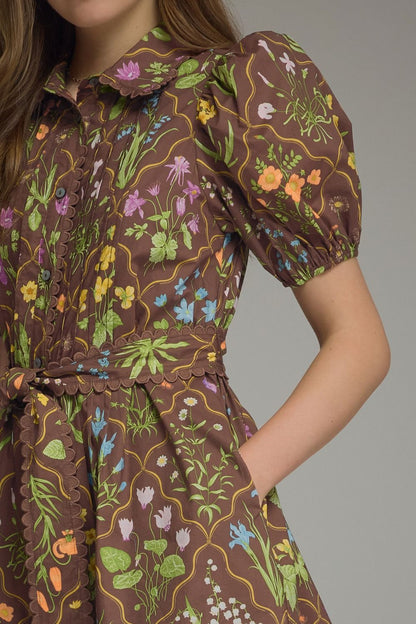 Floral Print Short Puff Sleeve Dress - Brown