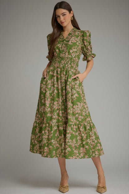 Floral Tiered Midi Dress Dress - Olive