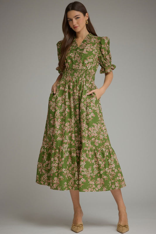 Floral Tiered Midi Dress Dress - Olive