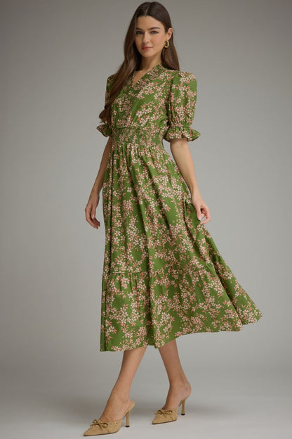 Floral Tiered Midi Dress Dress - Olive