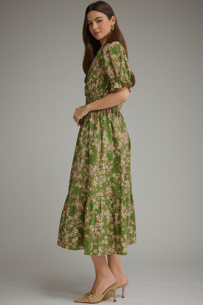 Floral Tiered Midi Dress Dress - Olive