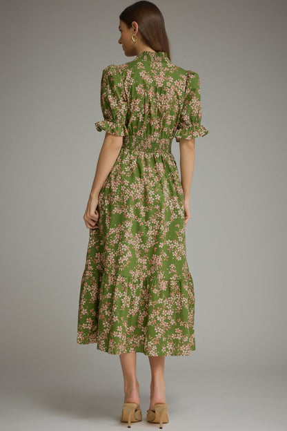 Floral Tiered Midi Dress Dress - Olive