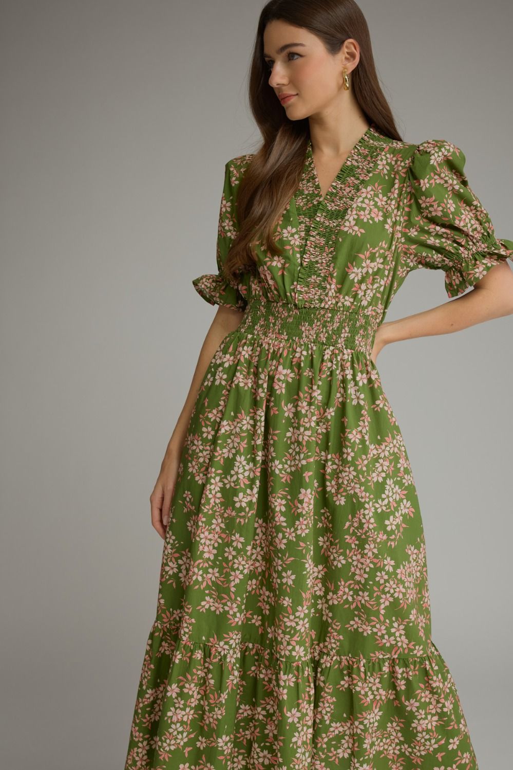Floral Tiered Midi Dress Dress - Olive