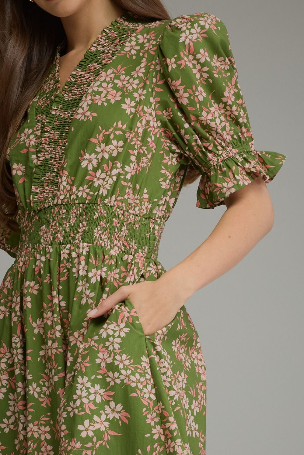 Floral Tiered Midi Dress Dress - Olive