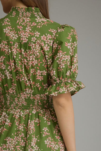 Floral Tiered Midi Dress Dress - Olive