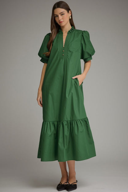 Puff Sleeve Ruffle V-Neck Ruffle Midi Dress - Hunter Green