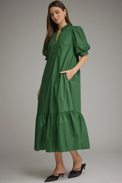 Puff Sleeve Ruffle V-Neck Ruffle Midi Dress - Hunter Green