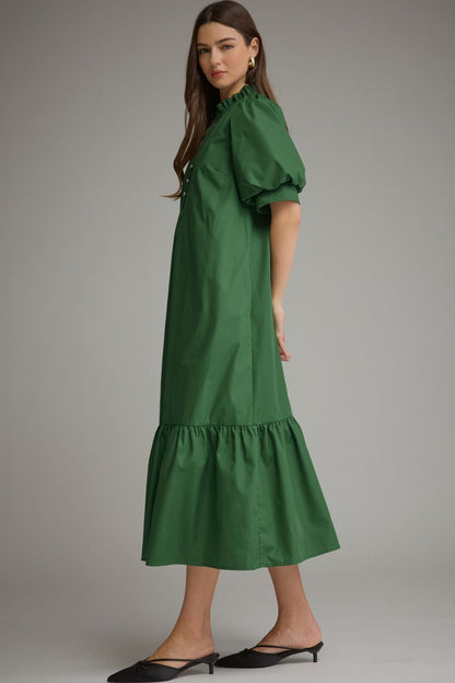 Puff Sleeve Ruffle V-Neck Ruffle Midi Dress - Hunter Green