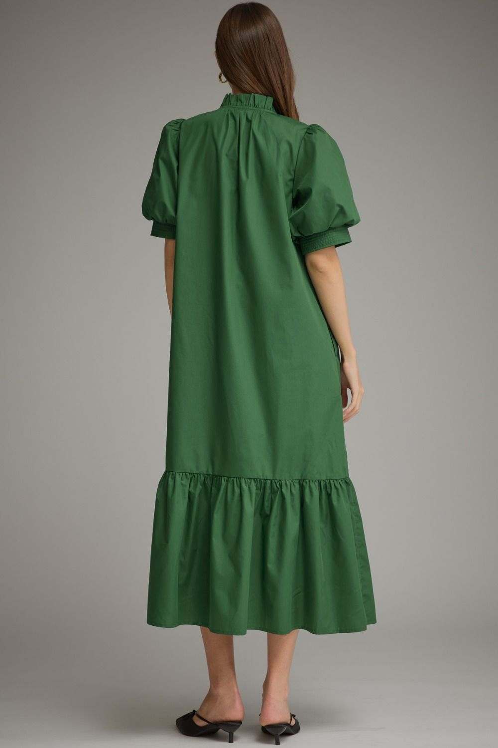 Puff Sleeve Ruffle V-Neck Ruffle Midi Dress - Hunter Green