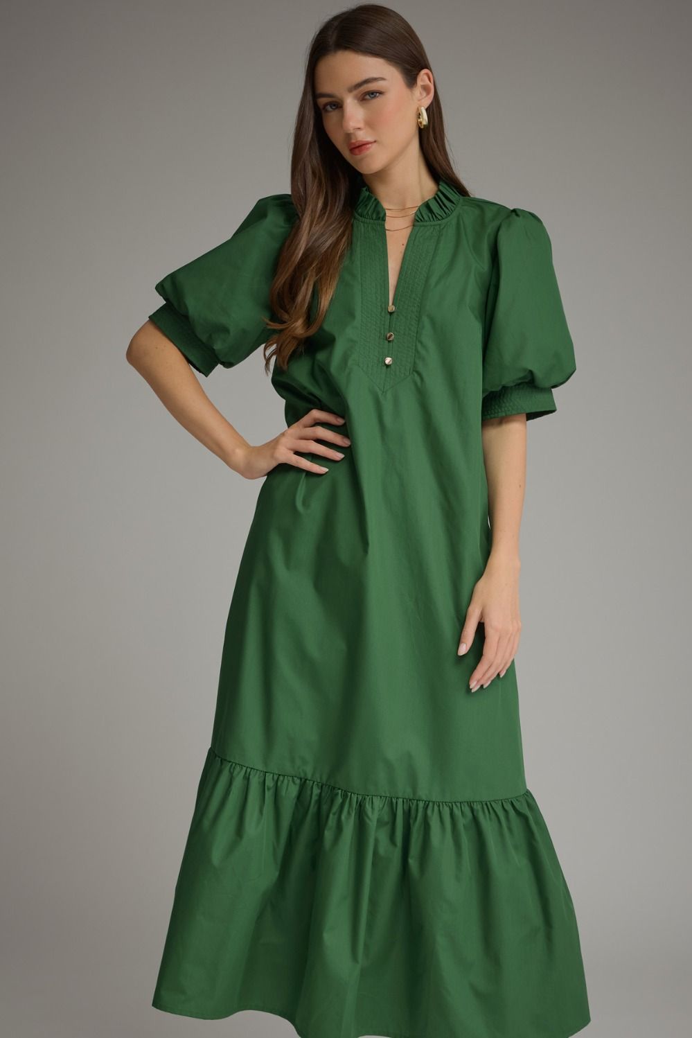 Puff Sleeve Ruffle V-Neck Ruffle Midi Dress - Hunter Green