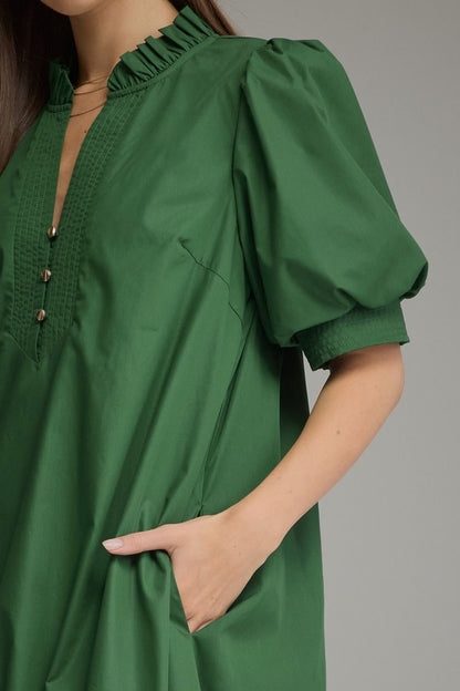 Puff Sleeve Ruffle V-Neck Ruffle Midi Dress - Hunter Green