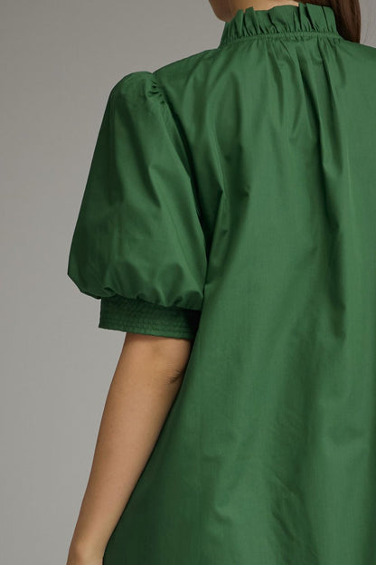 Puff Sleeve Ruffle V-Neck Ruffle Midi Dress - Hunter Green