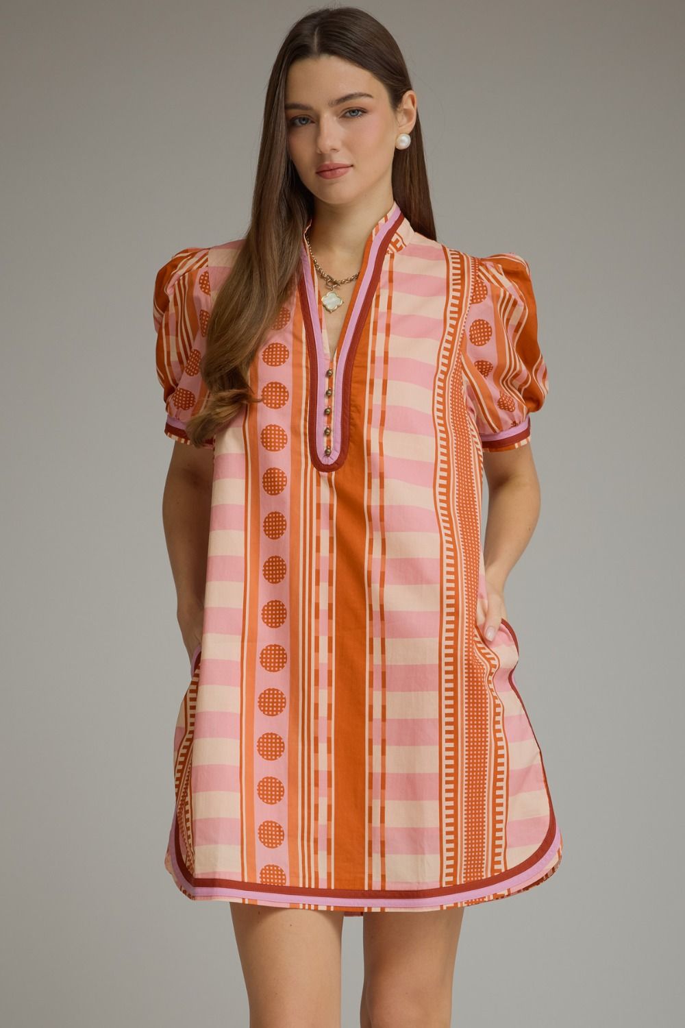 V-neck Button Printed Short Puff Sleeve Mini Dress - Rust Pink