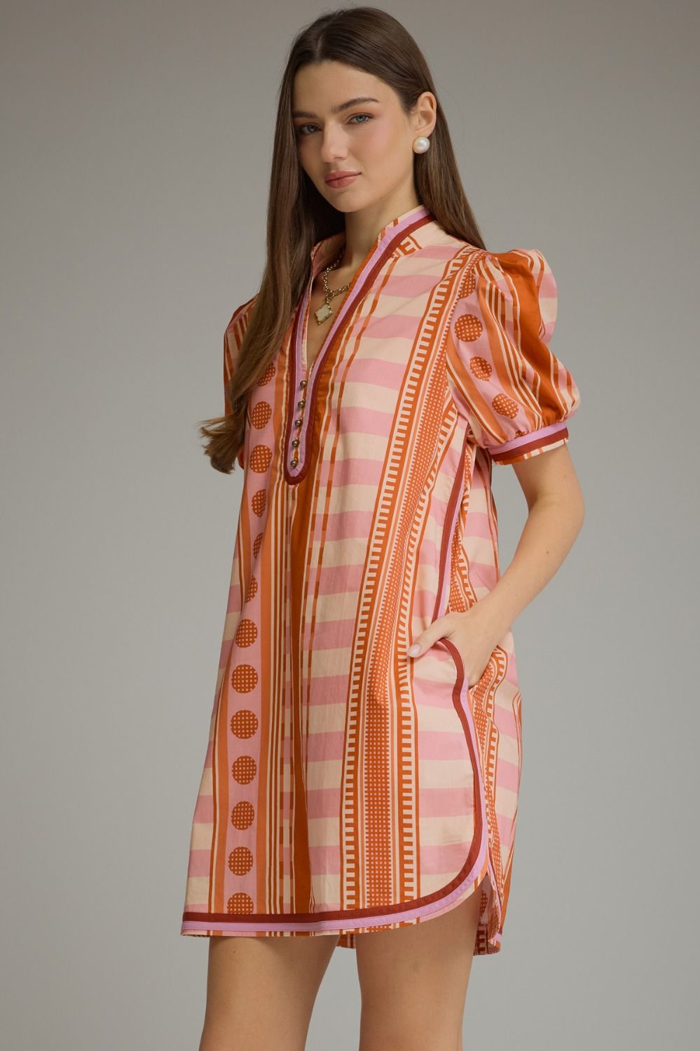V-neck Button Printed Short Puff Sleeve Mini Dress - Rust Pink