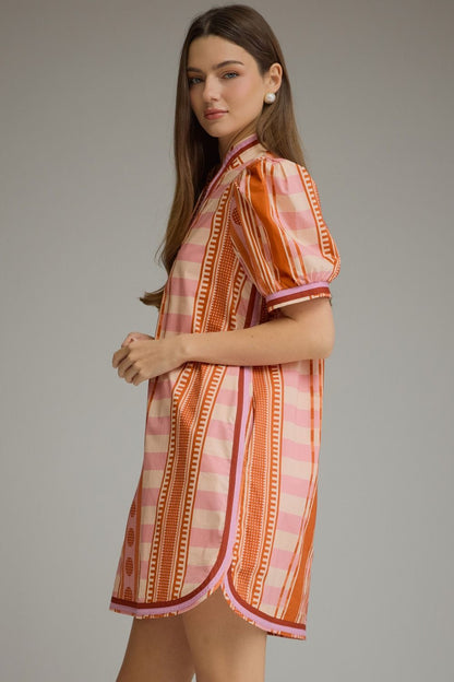 V-neck Button Printed Short Puff Sleeve Mini Dress - Rust Pink