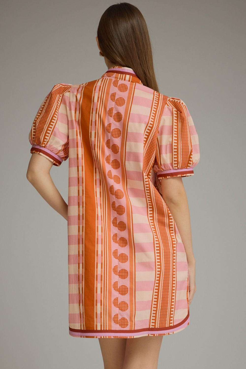 V-neck Button Printed Short Puff Sleeve Mini Dress - Rust Pink