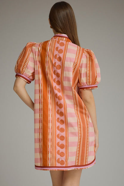 V-neck Button Printed Short Puff Sleeve Mini Dress - Rust Pink