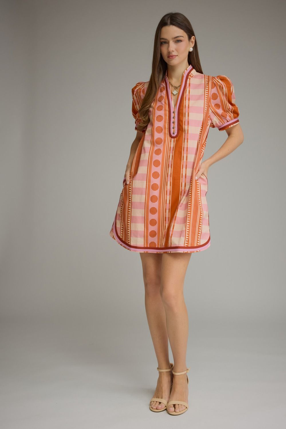 V-neck Button Printed Short Puff Sleeve Mini Dress - Rust Pink