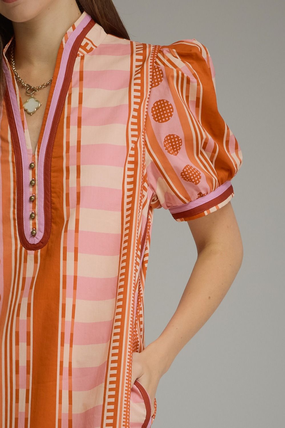 V-neck Button Printed Short Puff Sleeve Mini Dress - Rust Pink