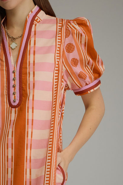 V-neck Button Printed Short Puff Sleeve Mini Dress - Rust Pink