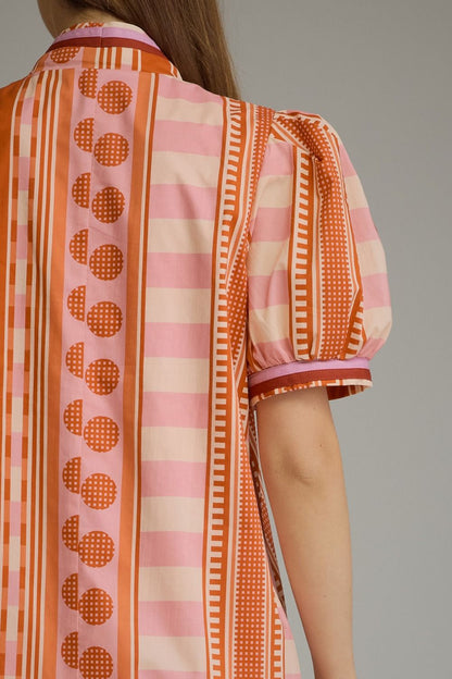 V-neck Button Printed Short Puff Sleeve Mini Dress - Rust Pink