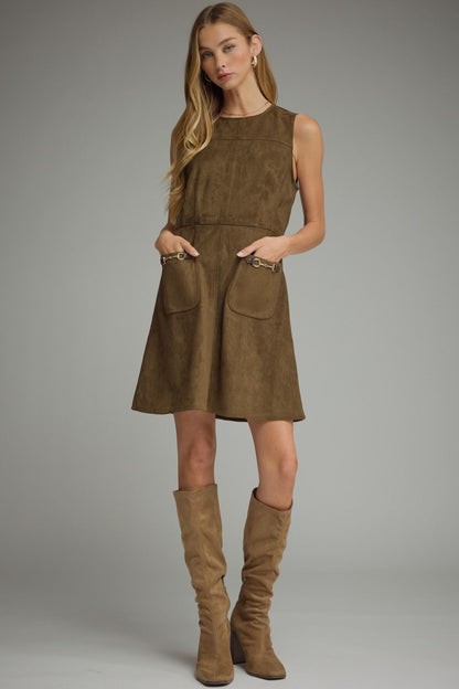 Horse-bit Pocket Detail Mini Dress - Wood