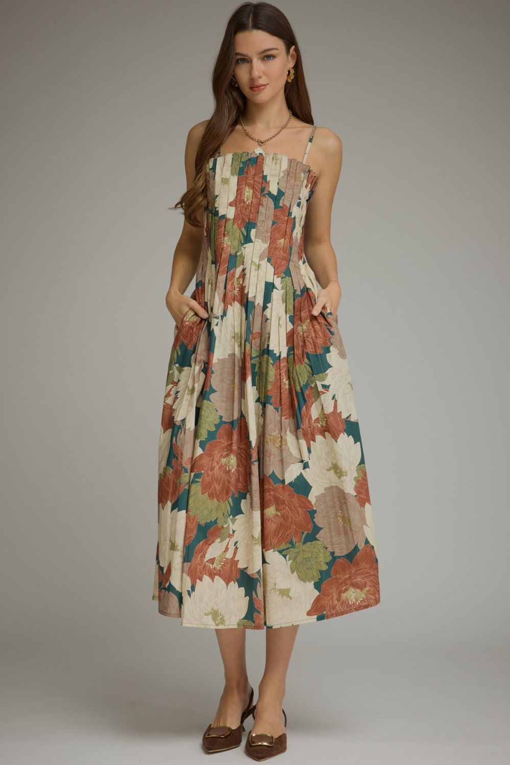 Floral Sleeveless Midi Dress - Teal