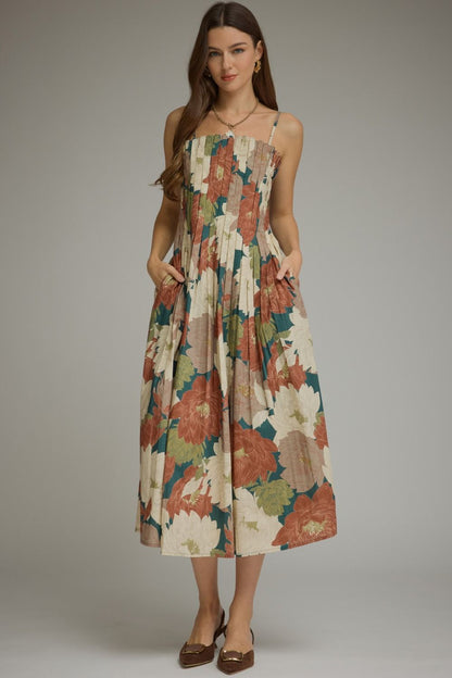 Floral Sleeveless Midi Dress - Teal