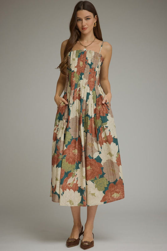 Floral Sleeveless Midi Dress - Teal