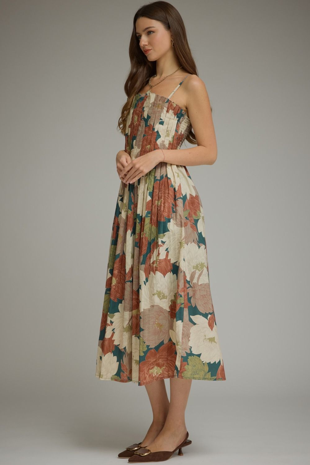 Floral Sleeveless Midi Dress - Teal