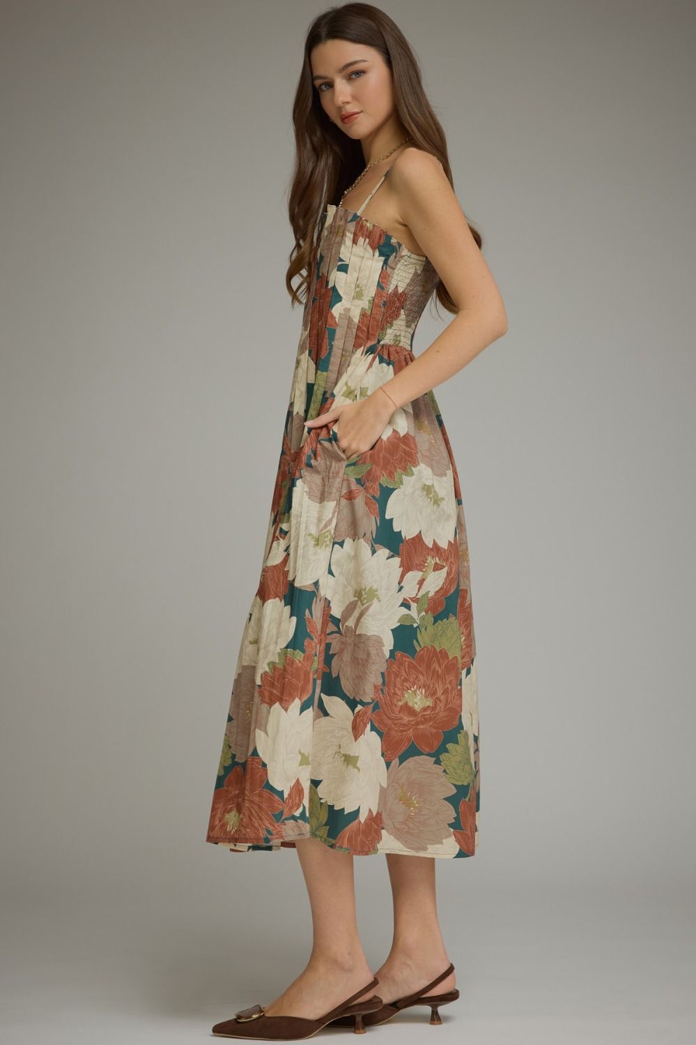 Floral Sleeveless Midi Dress - Teal