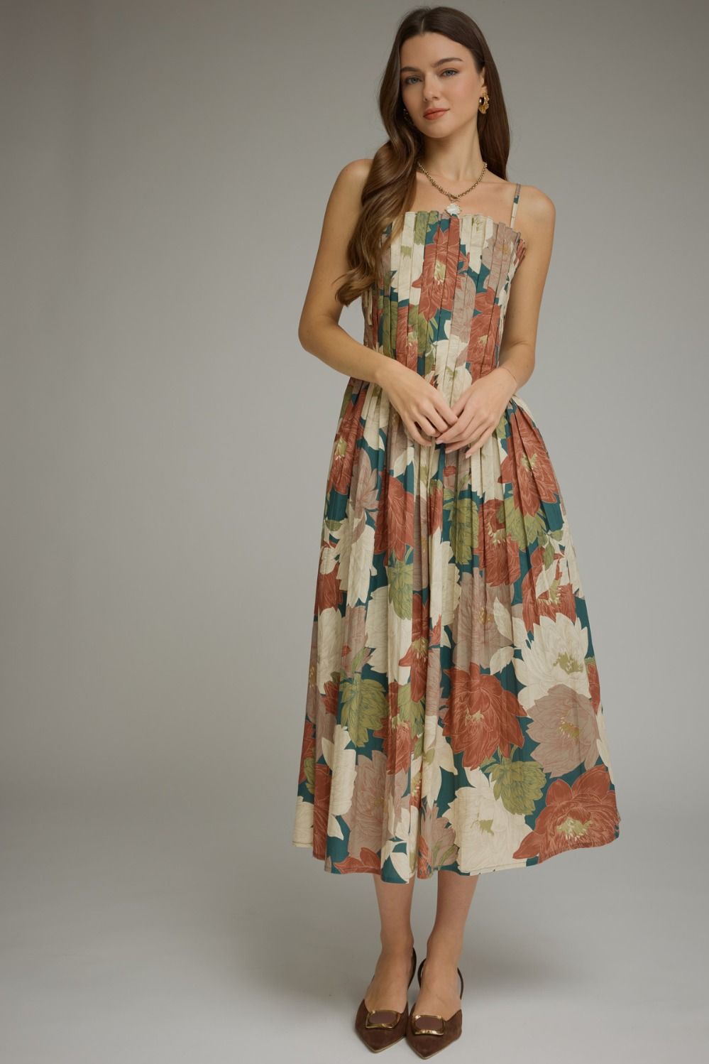 Floral Sleeveless Midi Dress - Teal