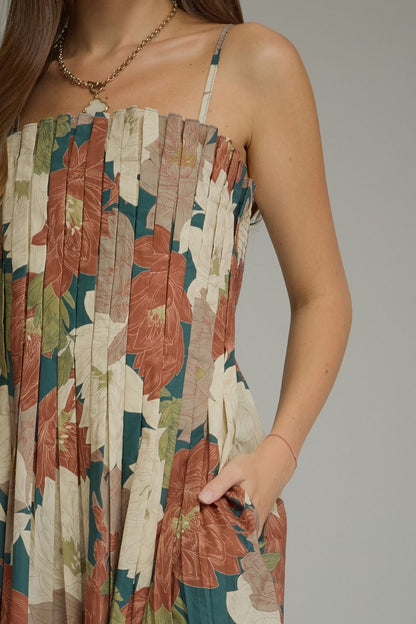 Floral Sleeveless Midi Dress - Teal