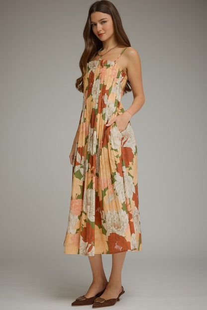 Floral Sleeveless Midi Dress - Olive
