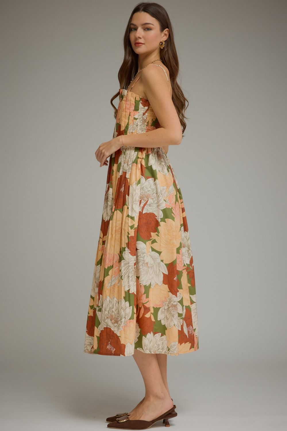 Floral Sleeveless Midi Dress - Olive