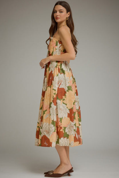 Floral Sleeveless Midi Dress - Olive
