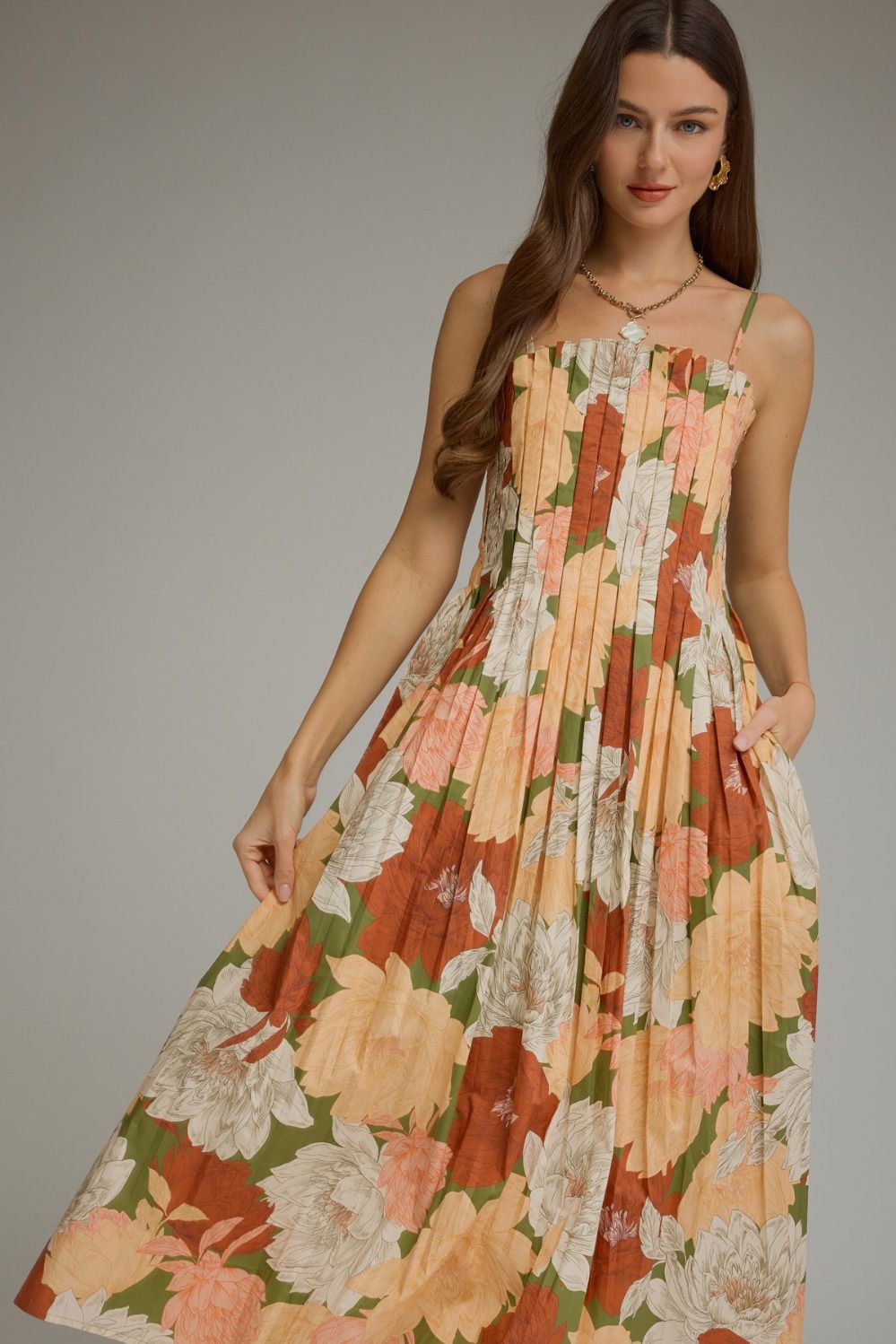 Floral Sleeveless Midi Dress - Olive