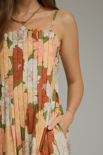Floral Sleeveless Midi Dress - Olive