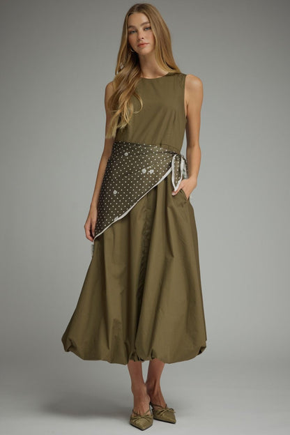 Midi Dress with Scarf Overlay - Olive