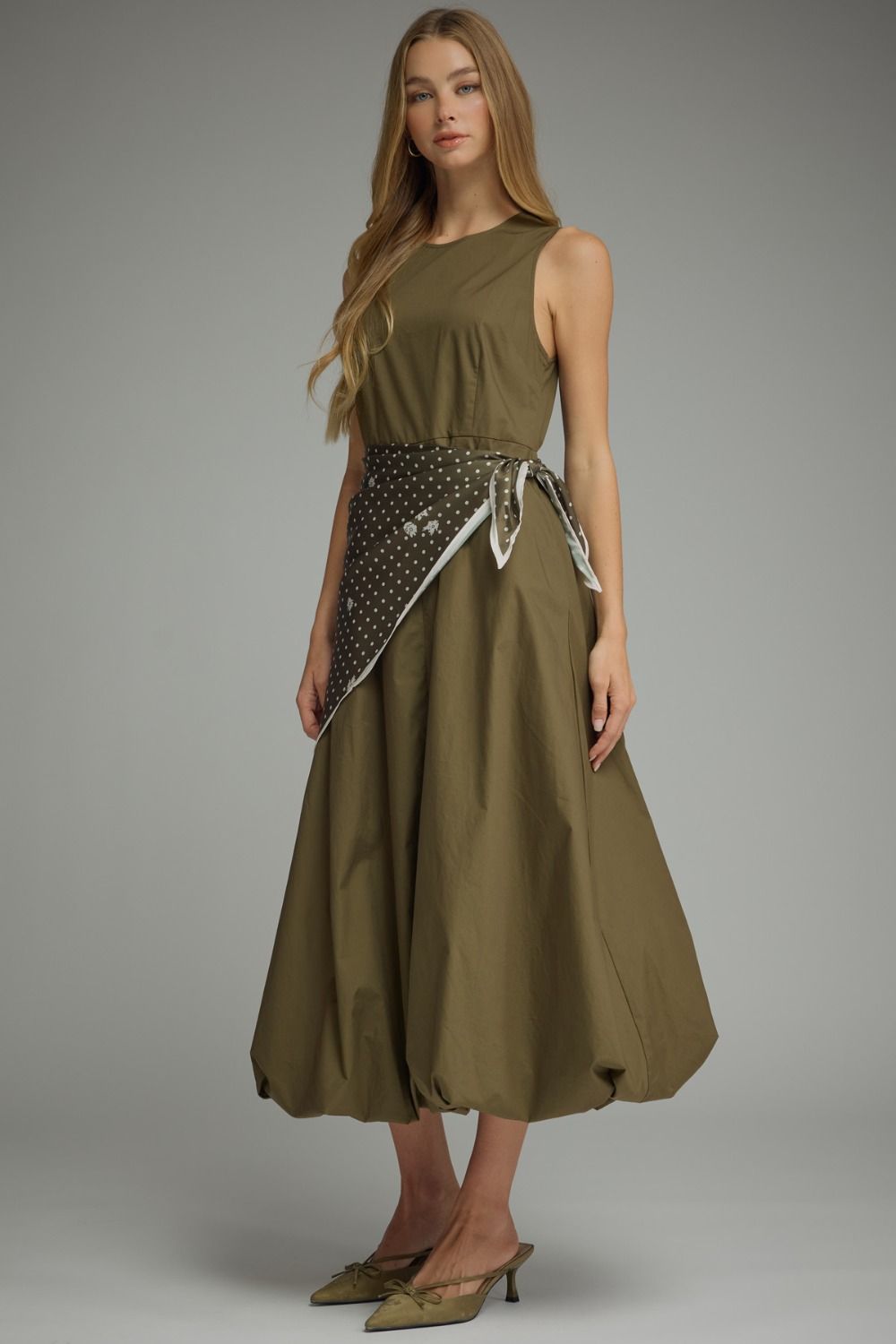 Midi Dress with Scarf Overlay - Olive