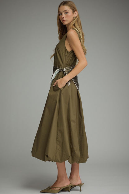 Midi Dress with Scarf Overlay - Olive
